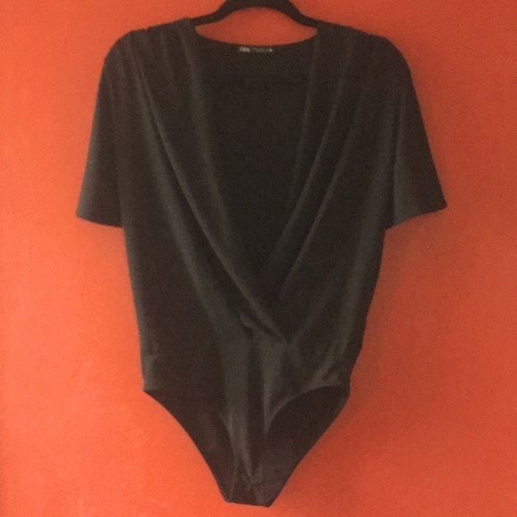 Zara Tops - ZARA black deep v-neck short flutter sleeves leotard